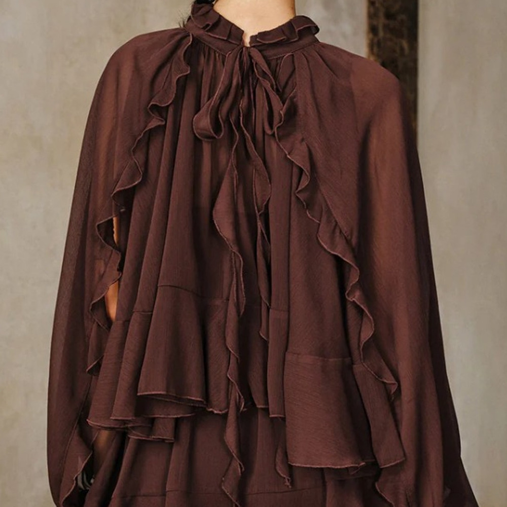 Commense Brown Semi-Sheer Chiffon Ruffle Cape Sleeve Overlay (Cape Only) Size L
